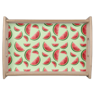 Summer Watermelon Fruit Slices Pattern On Green Serving Tray