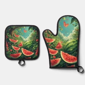 Summer Watermelon Garden – Colorful Nature Apron Oven Mitt & Pot Holder Set