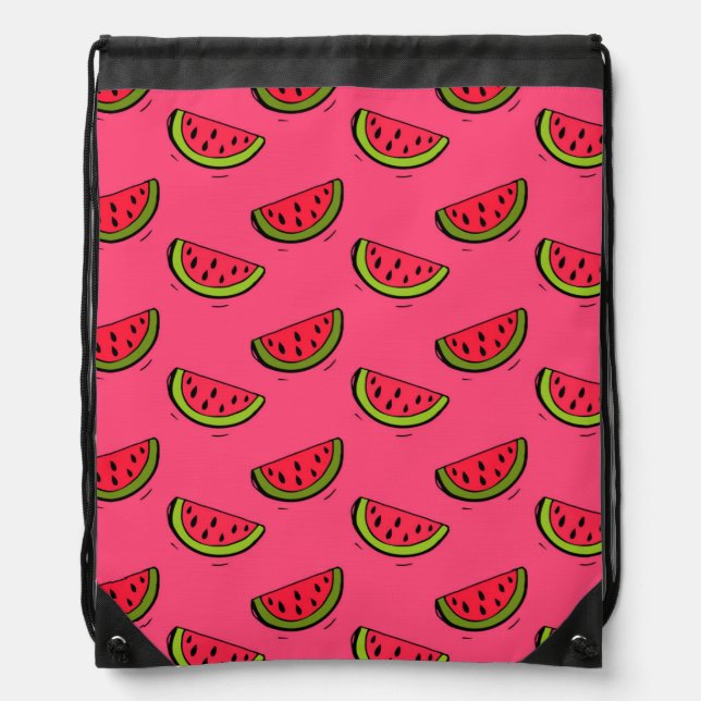 Summer Watermelon on Pink Pattern Drawstring Bag (Front)