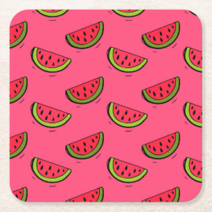 Summer Watermelon on Pink Pattern Square Paper Coaster