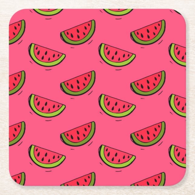 Summer Watermelon on Pink Pattern Square Paper Coaster (Front)