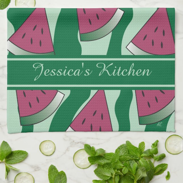 Summer Watermelon Print Kitchen Towel with Name (Folded)