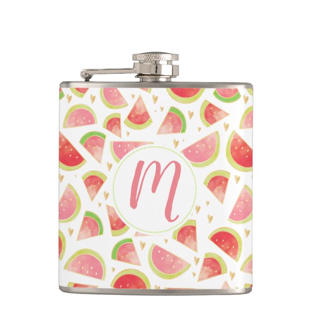 Summer Watermelon Slices & Gold Heart Pattern Flask (Front)