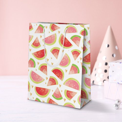 Summer Watermelon Slices  Gold Heart Pattern Medium Gift Bag
