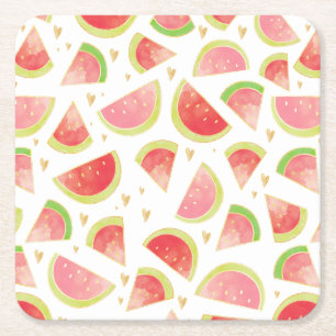 Summer Watermelon Slices & Gold Heart Pattern Square Paper Coaster
