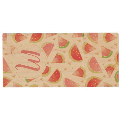 Summer Watermelon Slices  Gold Heart Pattern Wood Flash Drive