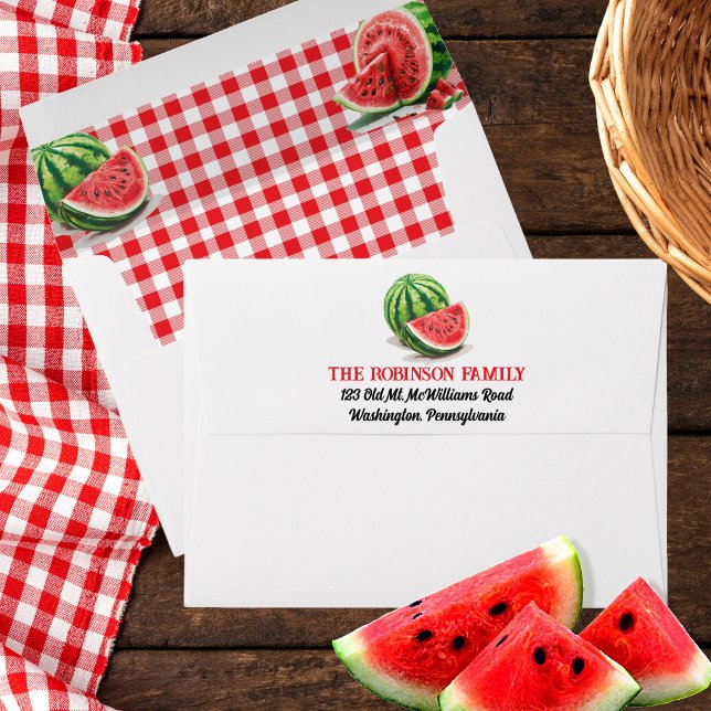 Summer Watermelons Frame | Checks Envelope (Watermelon and Red and White Gingham Checks Return Address White Envelope)