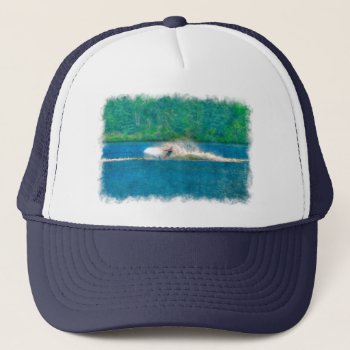 Summer Waterskiier And Lake Trucker Hat by RavenSpiritPrints at Zazzle