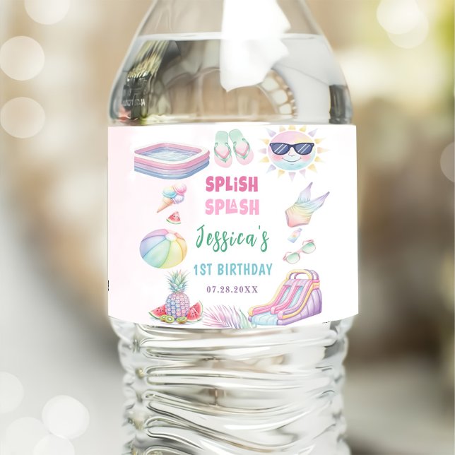 Summer Waterslide Girl Birthday Party Water Bottle Label (Creator Uploaded)