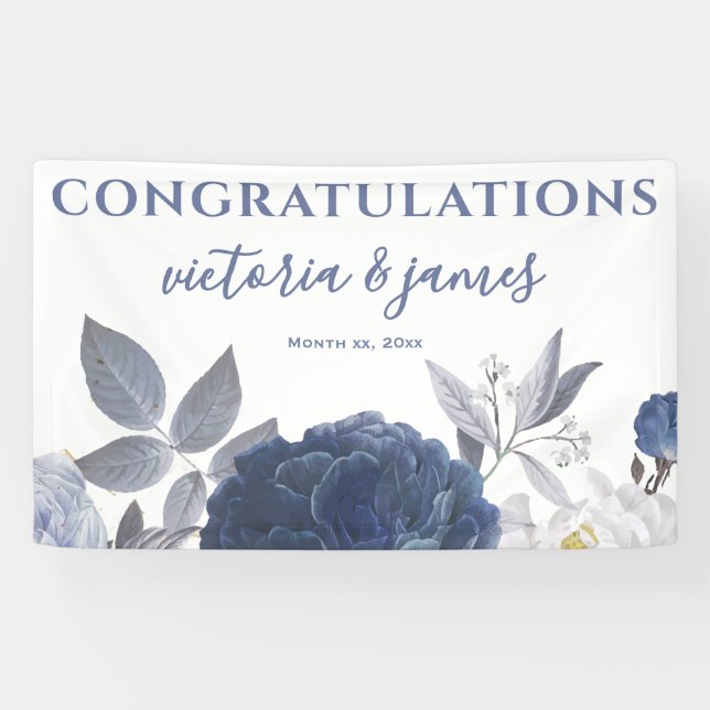 Summer Wedding Bright Blue Floral Reception Banner (Horizontal)