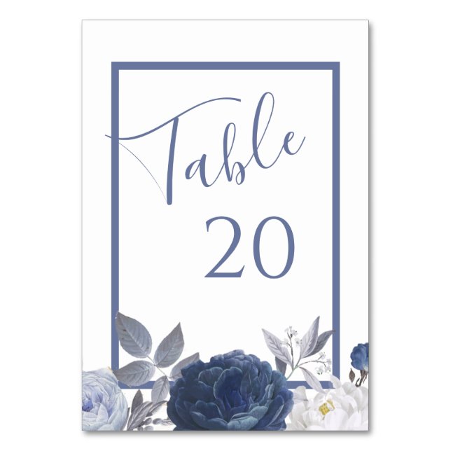 Summer Wedding Bright Blue Floral Wedding Table Number (Front)