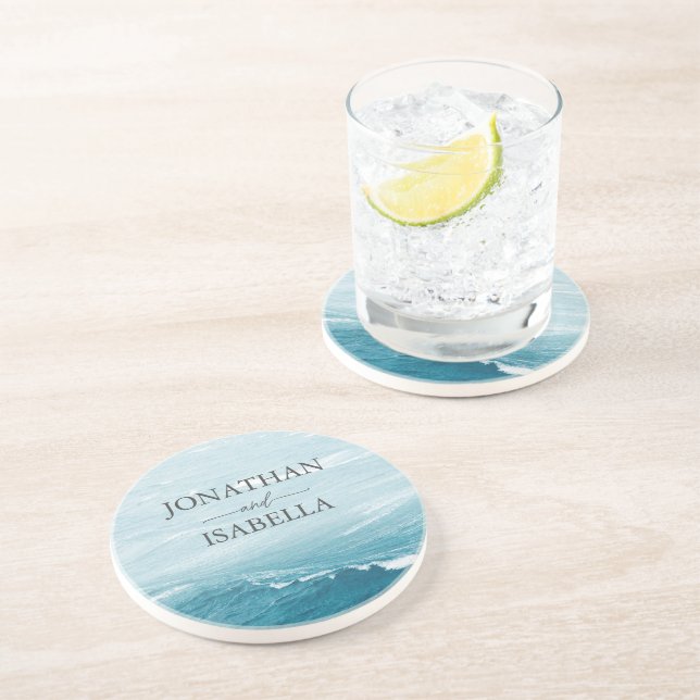 Summer wedding by the blue wavy sea ombre ocean coaster (Side)