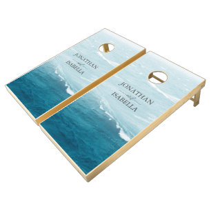 Summer wedding by the blue wavy sea ombre ocean cornhole set