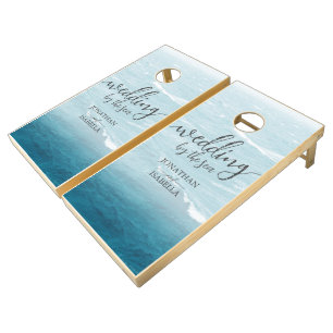 Summer wedding by the blue wavy sea ombre ocean cornhole set