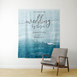 Summer wedding by the blue wavy sea ombre ocean tapestry