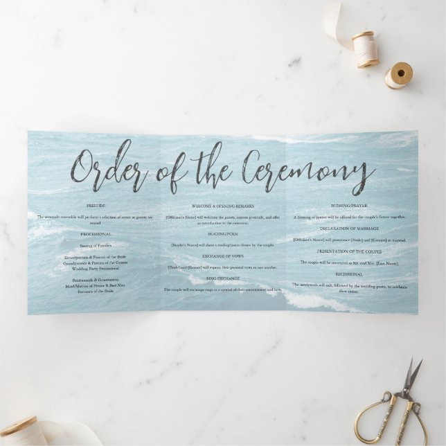 Summer wedding by the blue wavy sea ombre ocean Tri-Fold program (Inside)