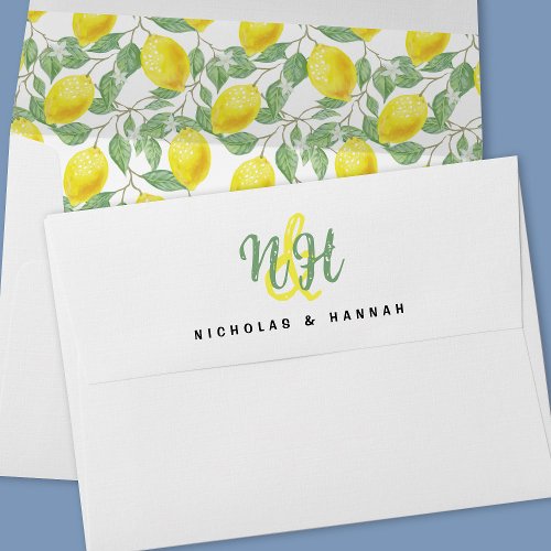 Summer Wedding Green Yellow Lemon Lined Watercolor Envelope