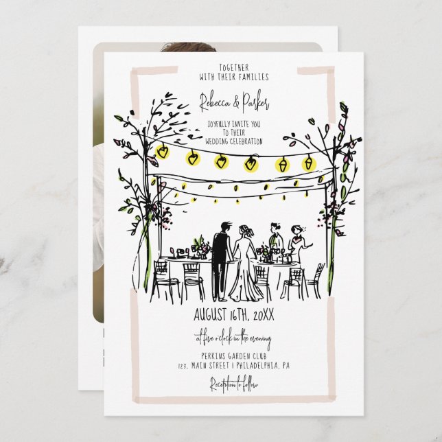 Summer Wedding hand drawn photo and Qr code Invitation (Front/Back)