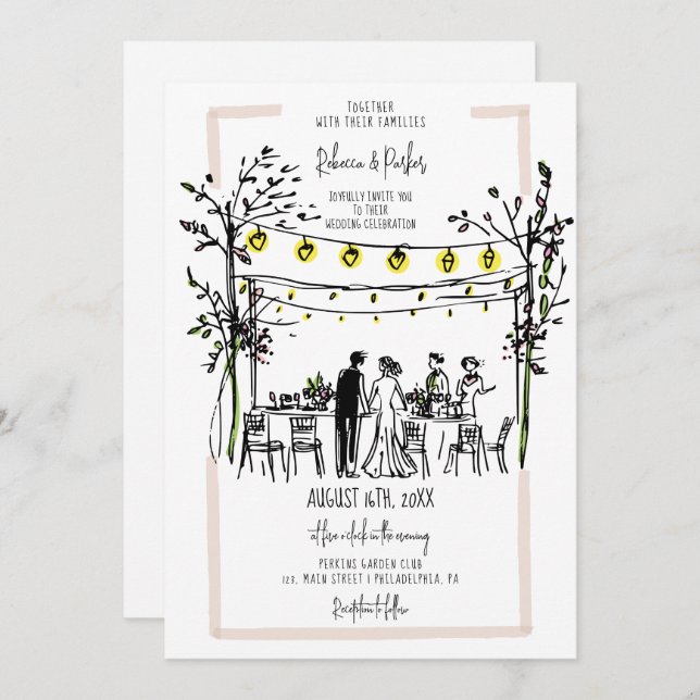Summer Wedding hand drawn stringlights outdoor Invitation (Front/Back)