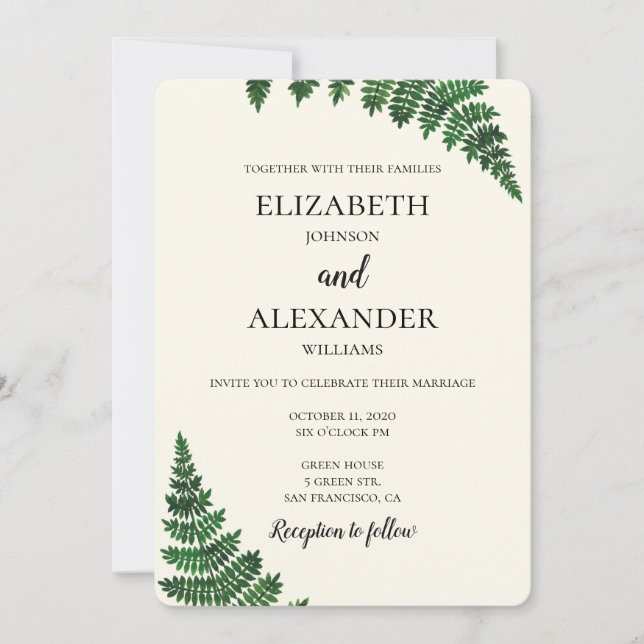 Summer wedding invitation. Green fern invite (Front)