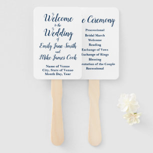 Summer Wedding Program Elegant Outdoor Navy White Hand Fan