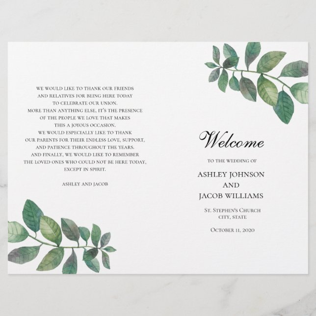Summer wedding program folded. Green leaves (Front)