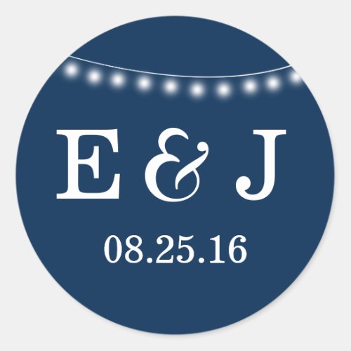 Summer Wedding String Lights Blue Classic Round Sticker