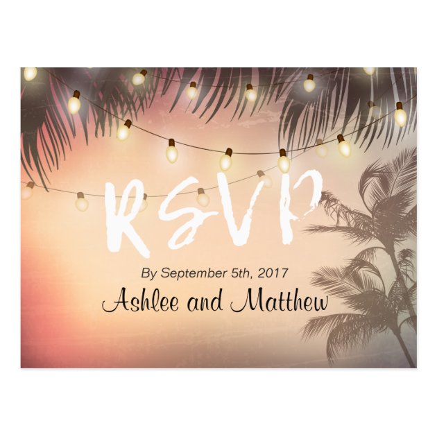 Summer Wedding String Lights Palm Tree RSVP Reply Postcard