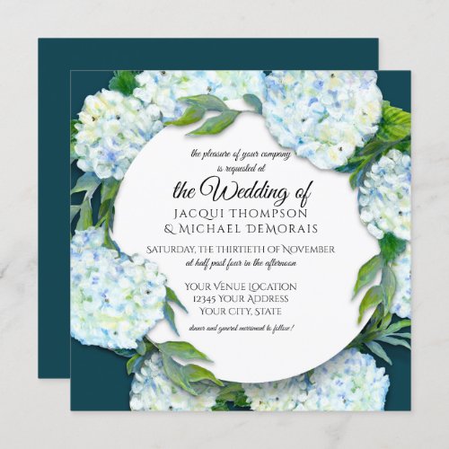 Summer Wedding White Hydrangea Floral Peacock Blue Invitation