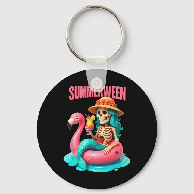 Summer-ween Mermaid Skeleton Flamingo Halloween Be Keychain (Front)