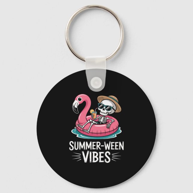 Summer-ween Vibes Skeleton Floating Flamingo Drink Keychain (Front)