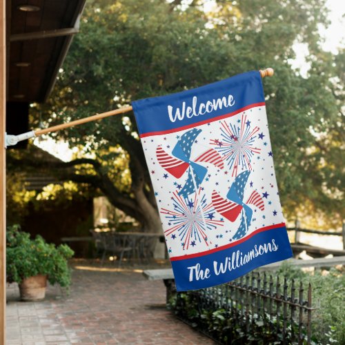 Summer Welcome 4th of July Fireworks Family Name House Flag