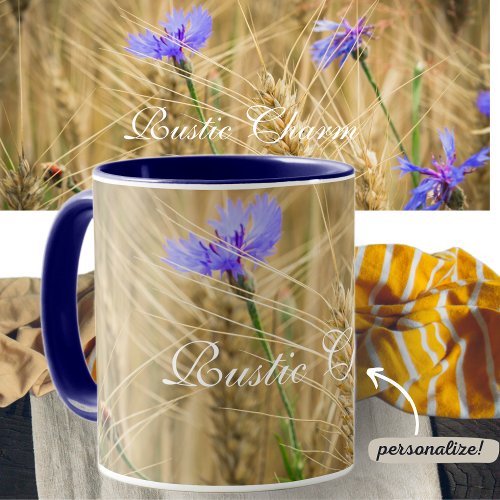 Summer wheat field with blue cornflowers mug