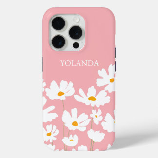 Summer White Cosmos Flowers Custom Name iPhone 15 Pro Case
