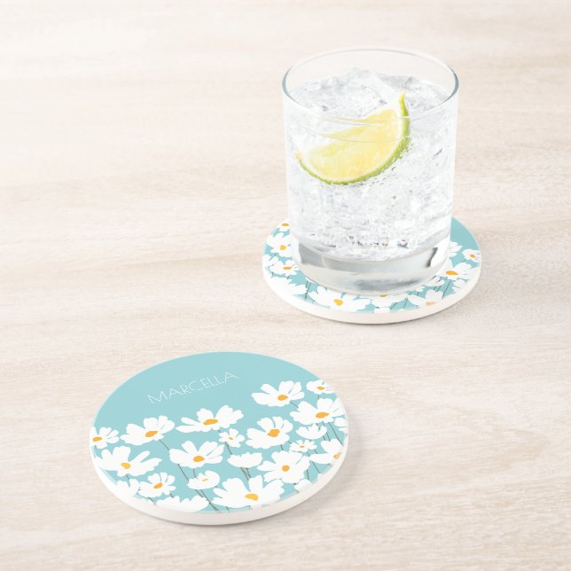 Summer White Cosmos Flowers Custom Name  Coaster (Side)