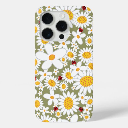 Summer White Daisies and Red Ladybugs On Brown iPhone 15 Pro Case