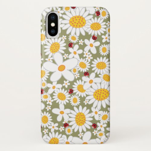 Summer White Daisies and Red Ladybugs On Brown iPhone X Case