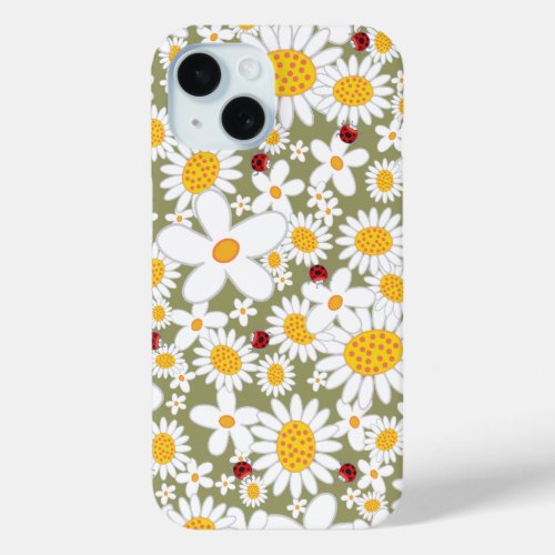 Summer White Daisies and Red Ladybugs On Brown iPhone 15 Case