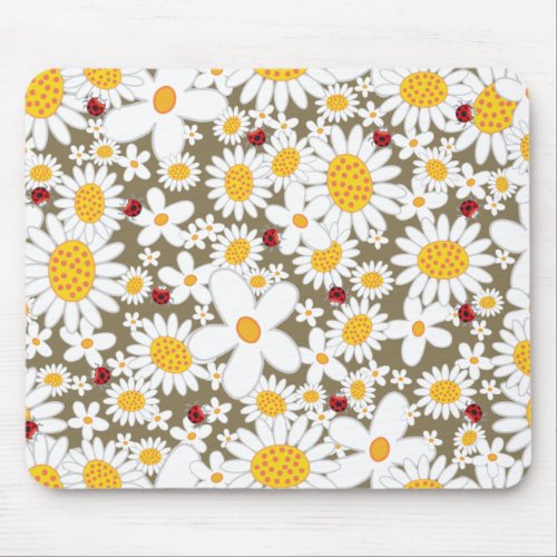 Summer White Daisies and Red Ladybugs On Brown Mouse Pad