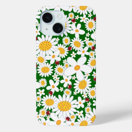 Summer White Daisies and Whimsical Red Ladybugs iPhone 15 Case