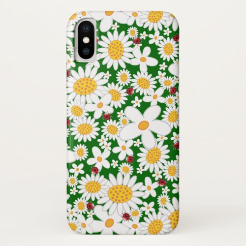 Summer White Daisies and Whimsical Red Ladybugs iPhone X Case