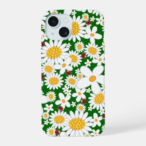 Summer White Daisies and Whimsical Red Ladybugs iPhone 15 Case