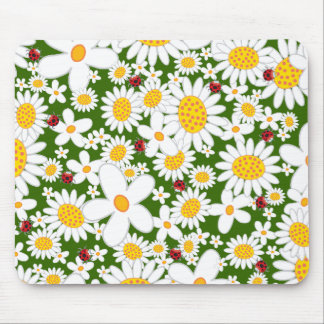 Summer White Daisies and Whimsical Red Ladybugs Mouse Pad