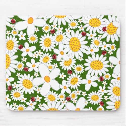 Summer White Daisies and Whimsical Red Ladybugs Mouse Pad