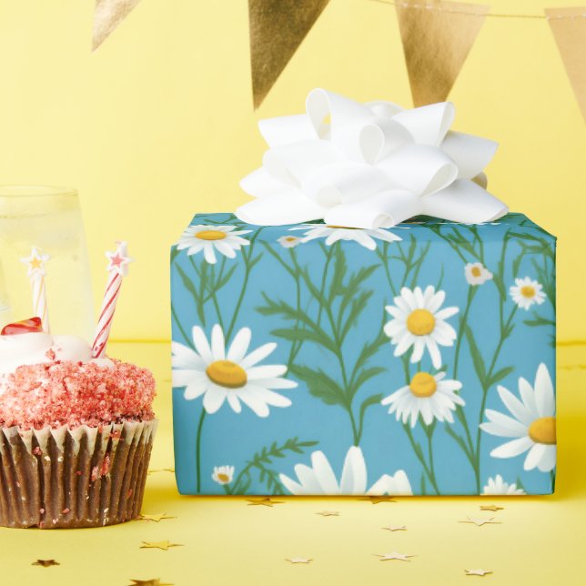 Summer White Daisies On Aqua Wrapping Paper (Birthday Party)
