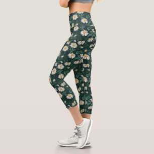 Summer White Daisy Meadow Capri Leggings