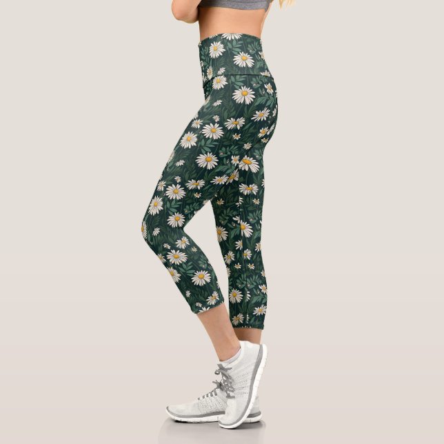 Summer White Daisy Meadow Capri Leggings (Left)