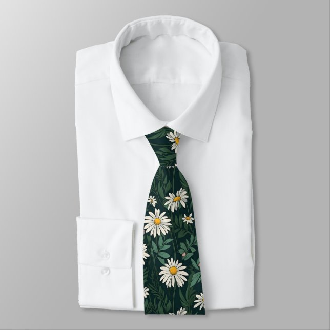 Summer White Daisy Meadow Neck Tie (Tied)