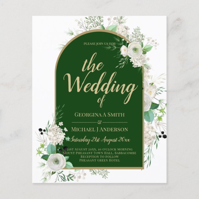 Summer White Roses Emerald Green Arch Wedding Flyer (Front)