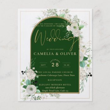 Summer White Roses Emerald Green Arch Wedding Flyer